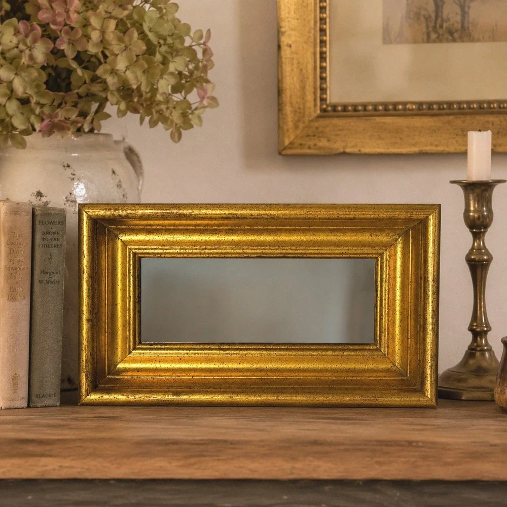 Vintage Gold Framed Smoky Gray Wall Mirror Narrow Accent Hollywood Regency